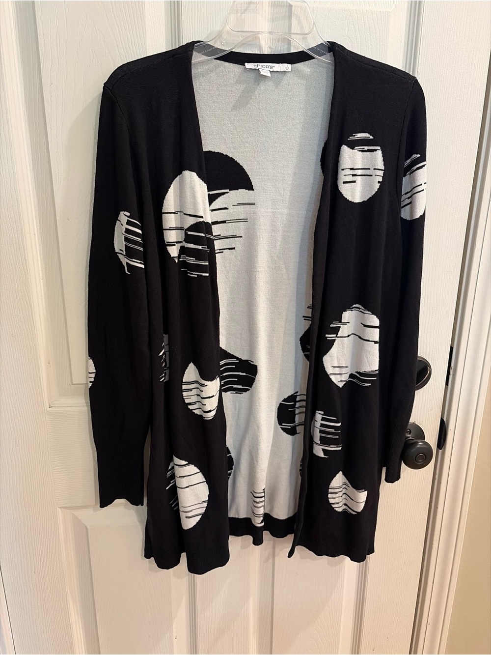 Chico's Black & White Open-Front Circle Print Cardigan